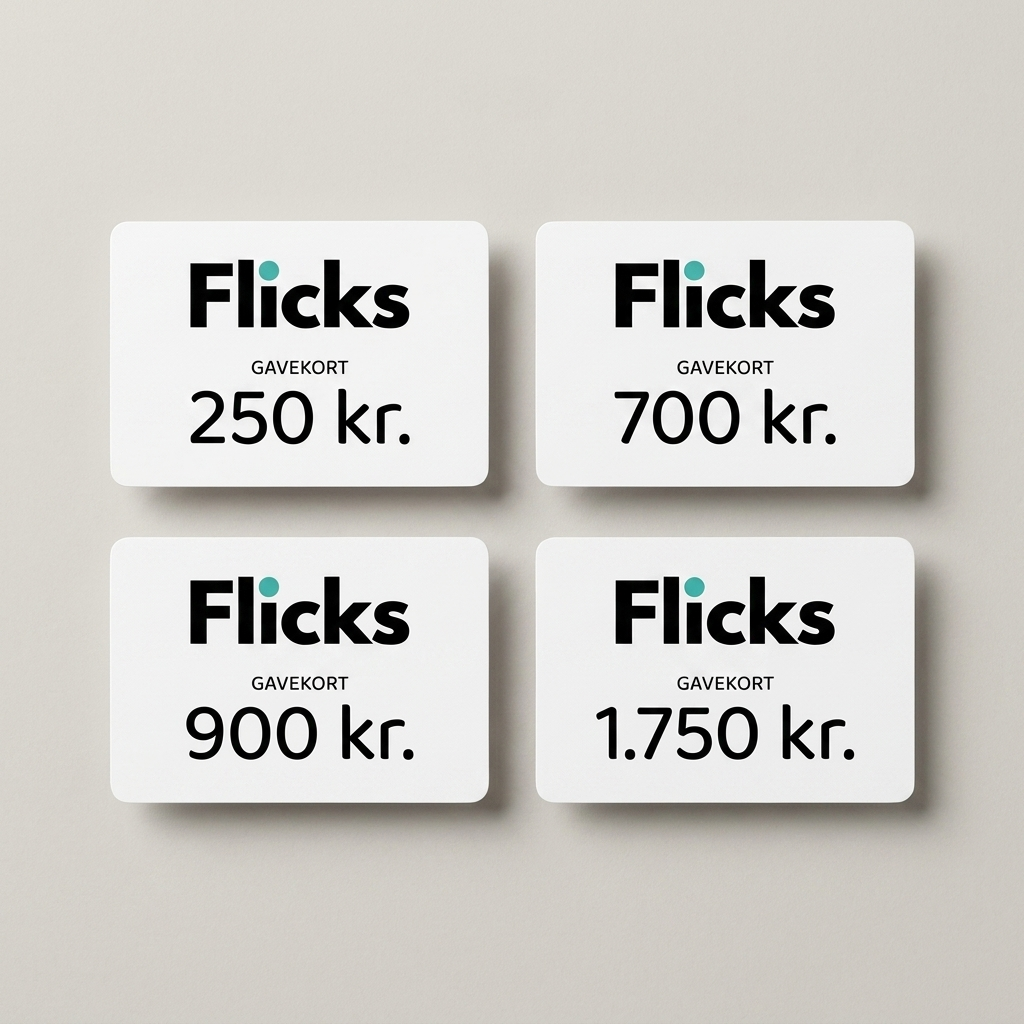 Flicks gavekort i fire vĂŠrdier: 250 kr., 700 kr., 900 kr. og 1.750 kr.